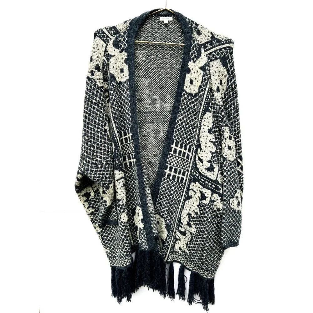 En  Ceme Blue White Print Long Sleeve Knit Tassel Fringe Cardigan Sweater